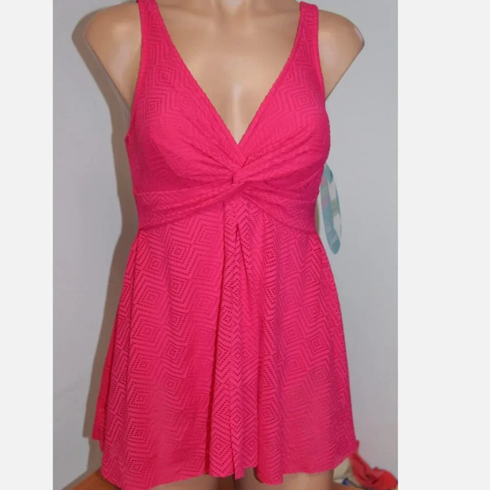 New Swim Solutions Swimsuit 1 one piece Crochet Flyaway dress Fuschia - Picture 2 of 4